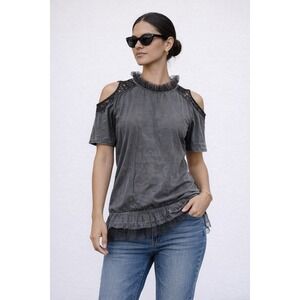 Keer qiaowa Tunic Top L Large Gray Cold Shoulder Ruffle Trim Layered